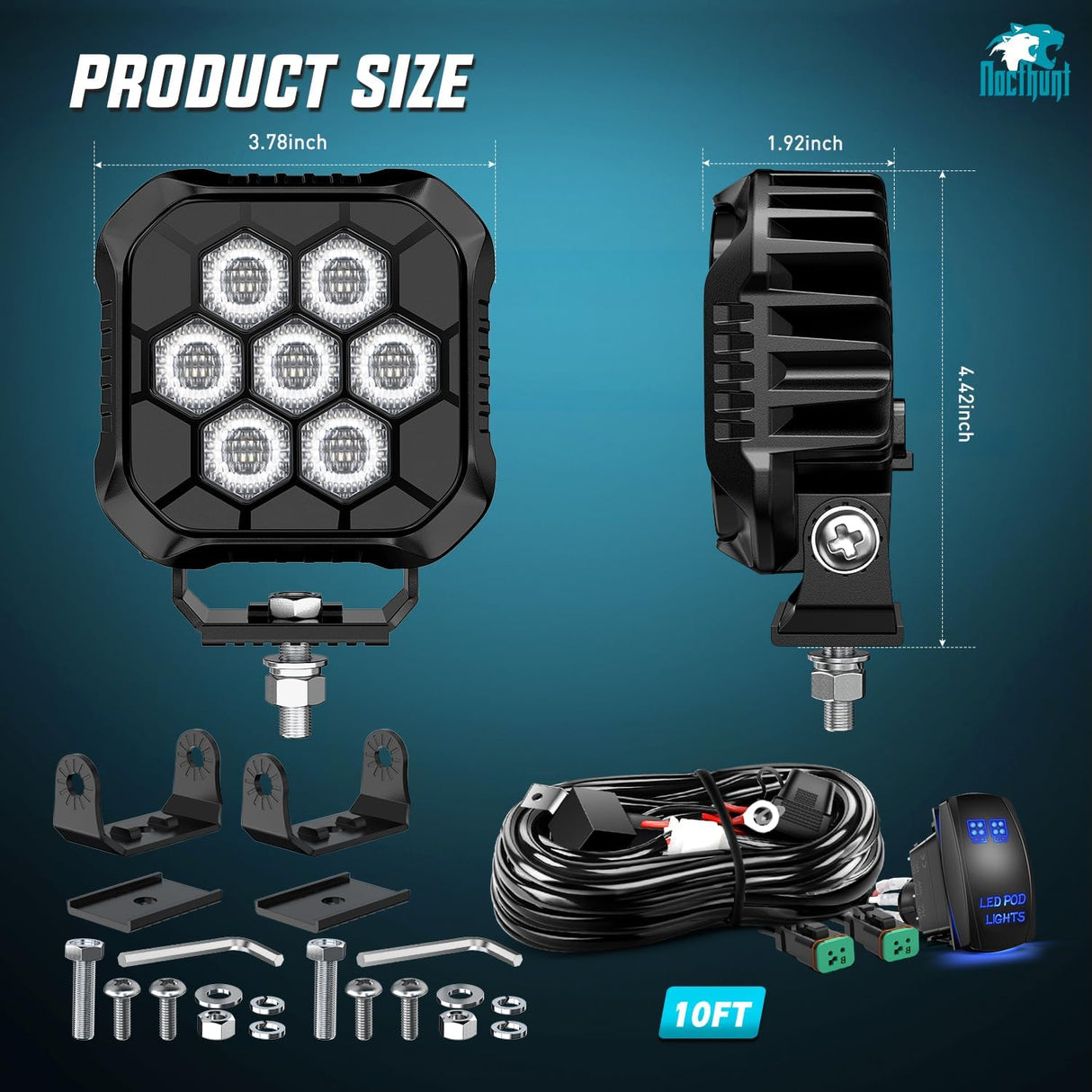 LED Pod Light 2 PCS 3.8 Inch 45 W 9 LED Square Hyper Flood Beam Offroad Driving Lights w/16 AWG Rocker Switch Wiring Harness Kit for Truck Motorbike Boat ATV UTV