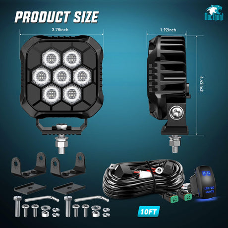 LED Pod Light 2 PCS 3.8 Inch 45 W 9 LED Square Hyper Flood Beam Offroad Driving Lights w/16 AWG Rocker Switch Wiring Harness Kit for Truck Motorbike Boat ATV UTV