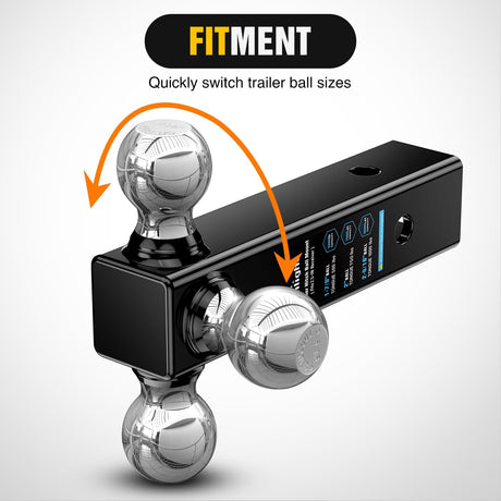 Multi-Ball Trailer Hitch Ball Mount, 1-7/8, 2, 2-5/16-Inch Balls, Triple Ball Mount fits 2-1/2-Inch Hitch Receiver, Chrome Plating