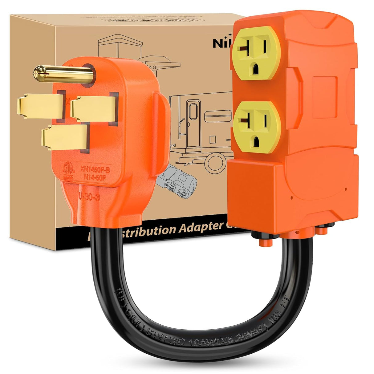 50 Amp to 20 Amp 110V RV Power Adapter Cord with Circuit Breaker NEMA 14-50P Male to 4X 5-15R/5-20R Female RV Distribution Adapter Plug ETL Listed 4 Household Outlets for RVs Camper Generator