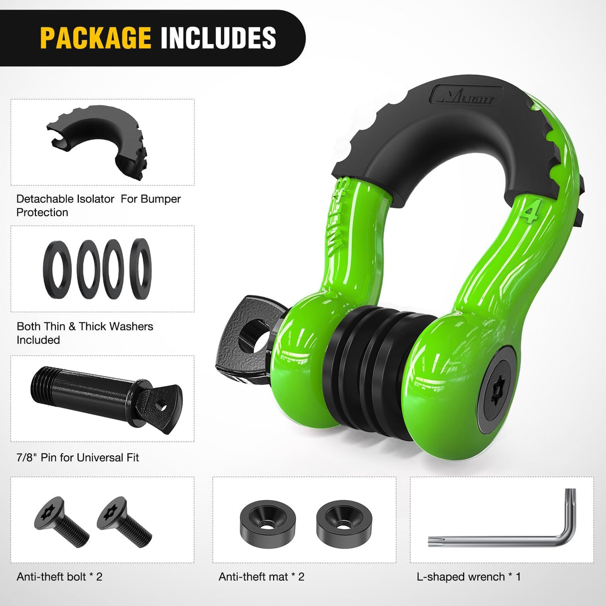 3/4 Inch D Ring Anti-Theft Shackle Tow Hook Jeep Truck SUV ATV UTV | Off Road Recovery Gear 19T 41,887 lbs Break Strength 4.75T WLL Rust-Resistant Anti-Rattle Isolators Heavy Duty Green 2pack