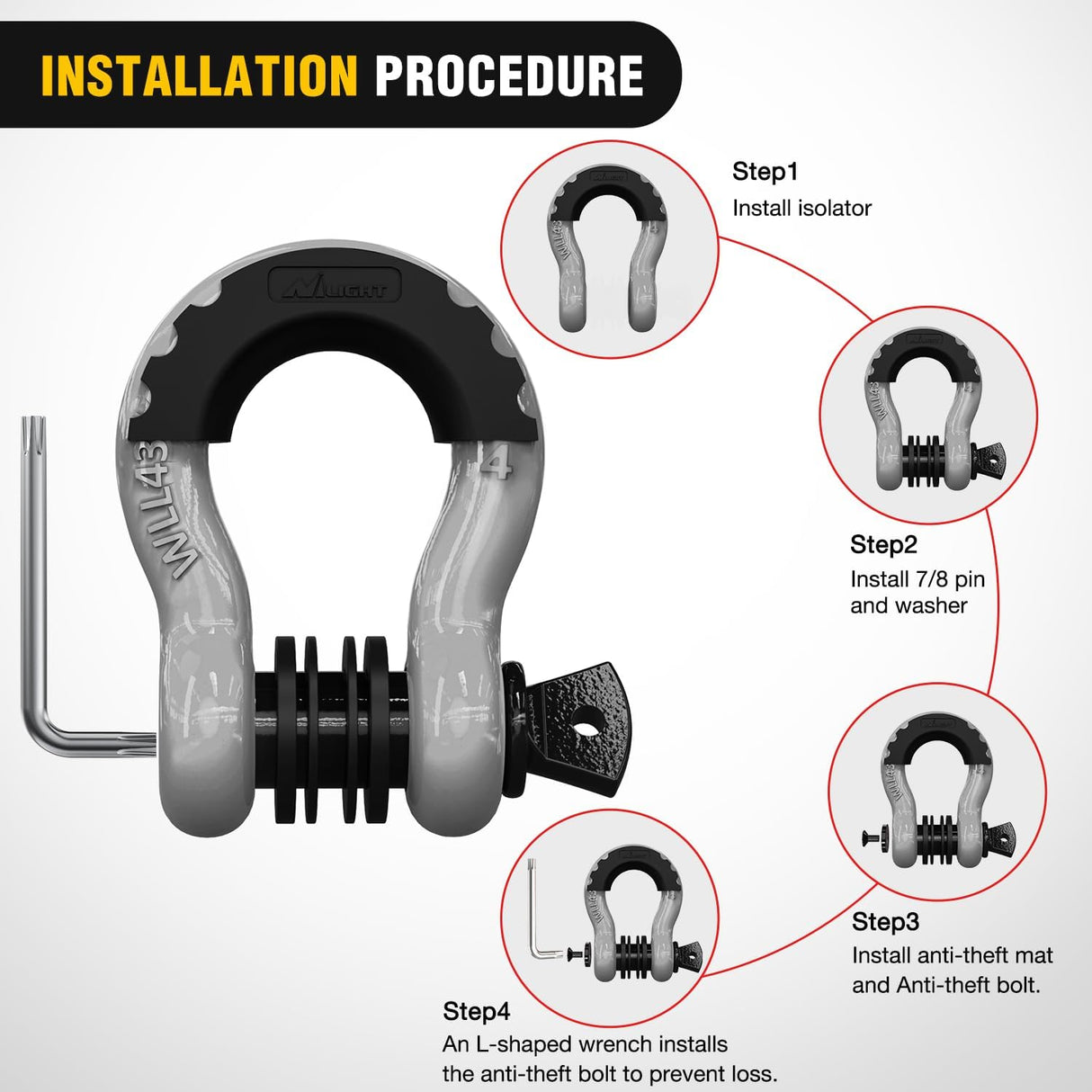 3/4 Inch D Ring Anti-Theft Shackle Tow Hook Jeep Truck SUV ATV UTV | Off Road Recovery Gear 19T 41,887 lbs Break Strength 4.75T WLL Rust-Resistant Anti-Rattle Isolators Heavy Duty Grey 2pack