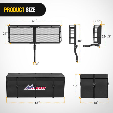 60 Inch x 24 Inchx 7.87 Inch Folding Carrier Fits 2-Inch Receiver 500 Lbs Capacity Bag Net Ratchet Straps Lock Stabilizer for SUV Pickup RV Van