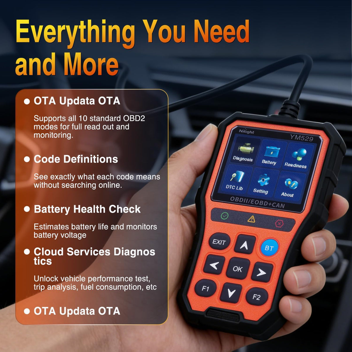 YM529 Smart Wireless OBD2 Scanner with Wireless Update - Professional Car Diagnostic Tool with 2.8 Inch IPS Screen - Auto Code Reader for Check Engine Light & Wireless Update, 1996-2026 Vehicles