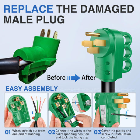 50 Amp RV Male Replacement Plug 125/250 Volt Heavy Duty Receptacle with Handle ETL Listed NEMA 14-50P for Camper Caravan Motorhome Van Trailer