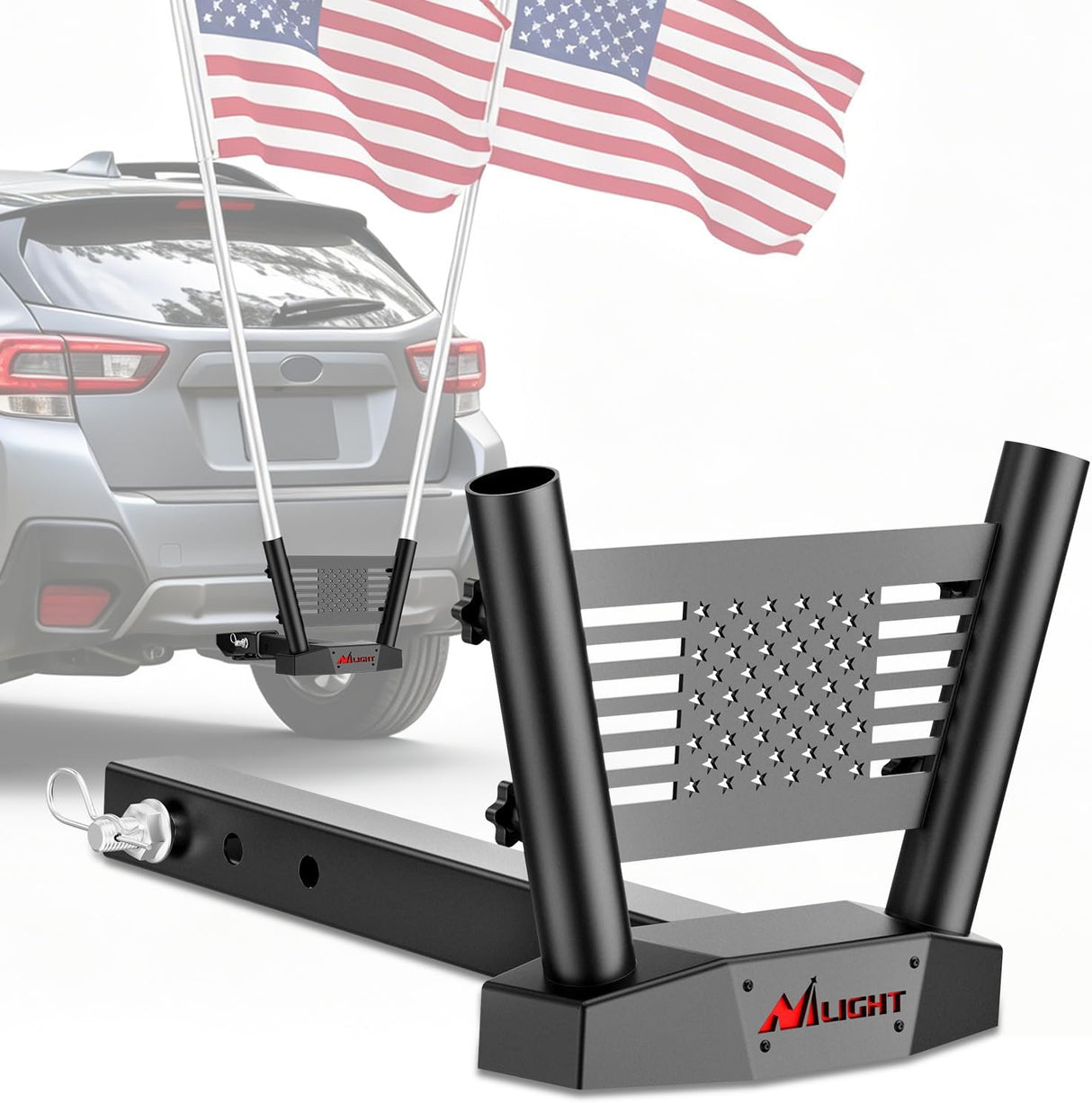 Triple Hitch Mount Flagpole Holder fits 2 Inch Receivers | Heavy Duty Metal Mount Kit Compatible with 0.87 to 1.38 Inch Diameter Flag Tube for Trucks SUV RV Pickup Camper Trailer Jeep