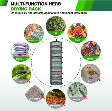 8 Layer Herb Drying Rack Hanging Mesh Net Foldable Plant Drying Racks 24 Inch w Green Zipper Pruning Shears Hook Dryer Hanging Rack for Herbs Seed Bud Fruit Clothes Grow Tent Closets Garden Outdoor