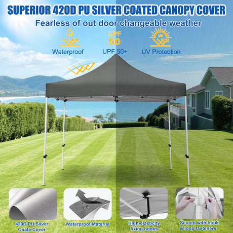 10x10 Pop Up Canopy Tent with 4 Sidewalls Portable Folding Outdoor Canopy Easy Setup Gazebo Waterproof Instant Popup Shelter Tent w Wheeled Carry Bag sandbags for Events Parties Camping, Gray