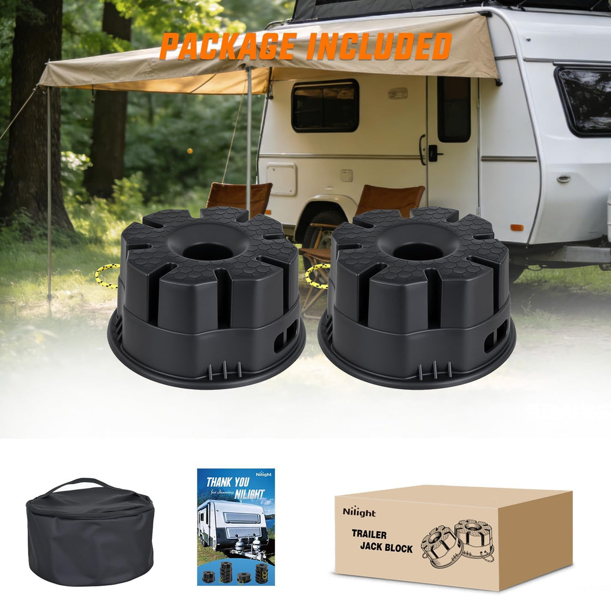 Trailer Jack Block, 6 Inch RV Camper Stabilizer Blocks for Travel Trailer with Bag, Heavy Duty RV Leveling Block with 40000lbs Capacity Universal for Tongue Jack Post Foot 5th Wheels Black 2 Pack