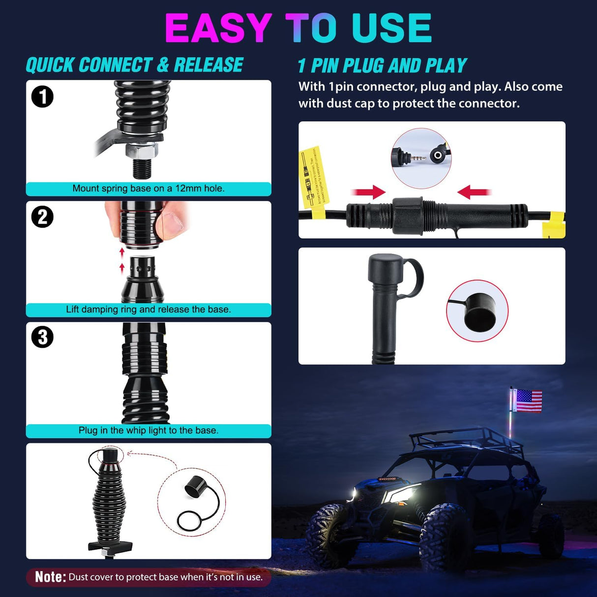 COB RGB LED Whip Light 1PC 4FT Spiral Lighted Antenna Whips | Bluetooth APP and Remote Control with DIY Chasing Patterns Music Sync and Spring Base for ATV UTV RZR Can Am and Truck