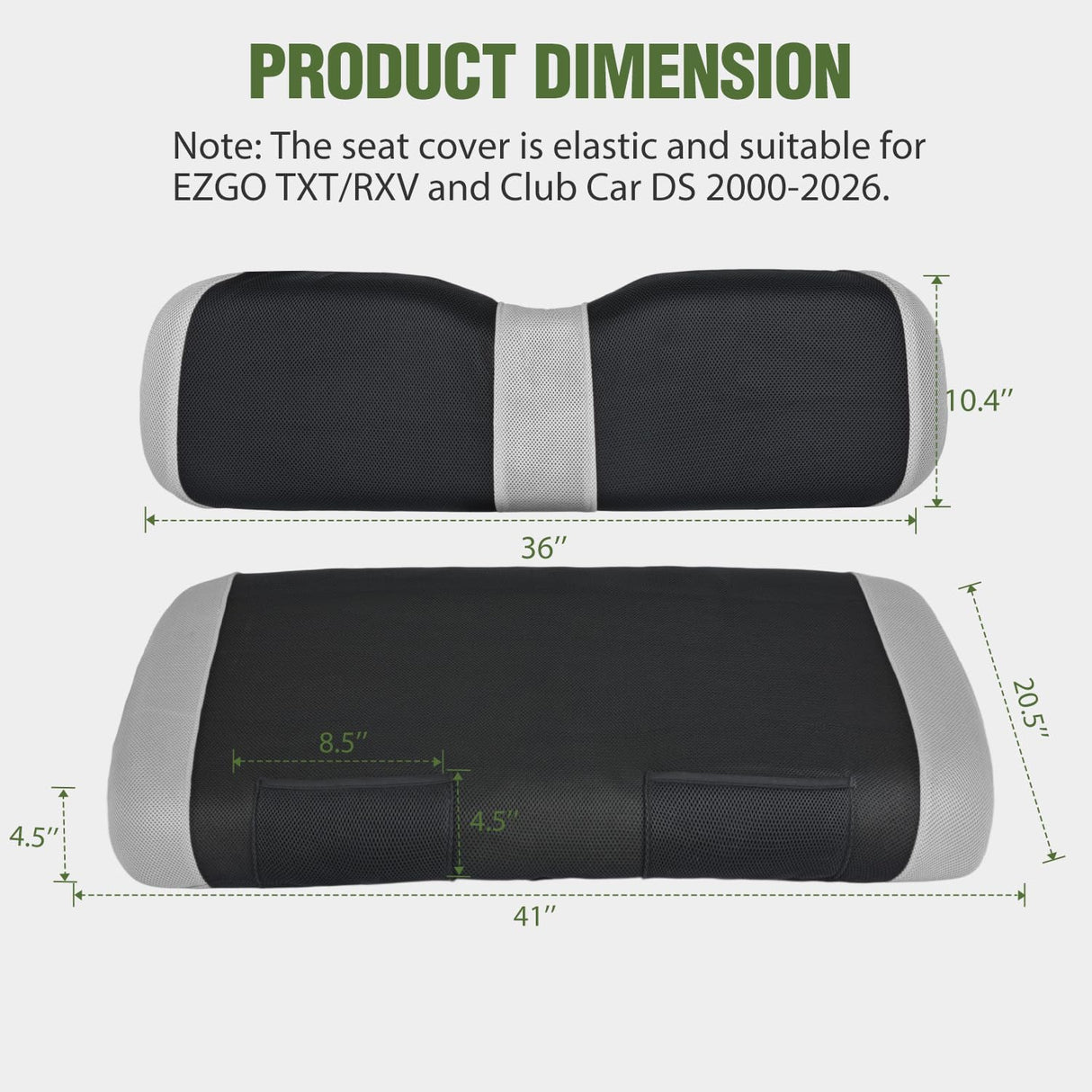 Golf Cart Front Seat Cover 1PC Grey Black EZGO TXT RXV Club Car DS | Breathable Sandwich Mesh Sun Scratch Resistant Washable No Staple Fits 1994-2013 EZGO TXT RXV and 2000-2026 Club Car DS