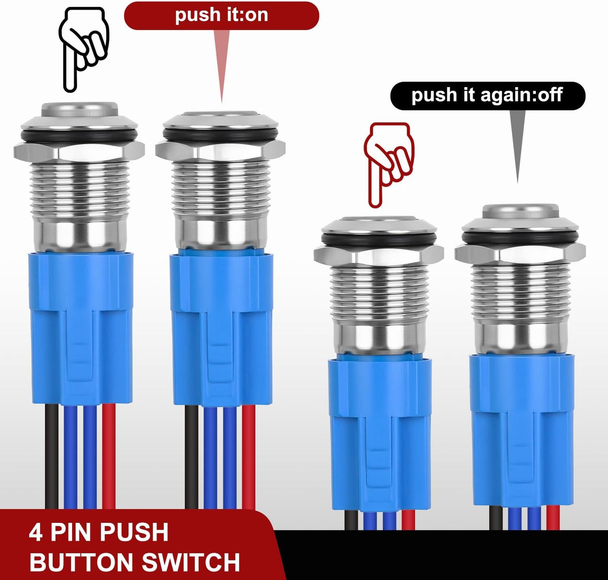 12mm Latching Push Button Switch 6pcs LED Blue Waterproof Small Round Power Button Switches with Pre-Wiring Socket for Car Truck Boat Marine RV Vehicle