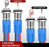 12mm Latching Push Button Switch 6pcs LED Blue Waterproof Small Round Power Button Switches with Pre-Wiring Socket for Car Truck Boat Marine RV Vehicle