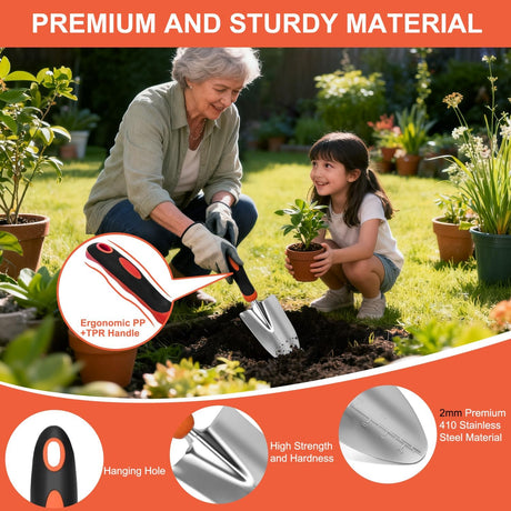 Gardening Tools 7-Piece Heavy Duty Garden Tool Set Gardening Supplies Gifts for Women Men Gardening Hand Tool Kit with Non-Slip Ergonomic Handle, Garden Bag, Pruning Shears, Black Orange