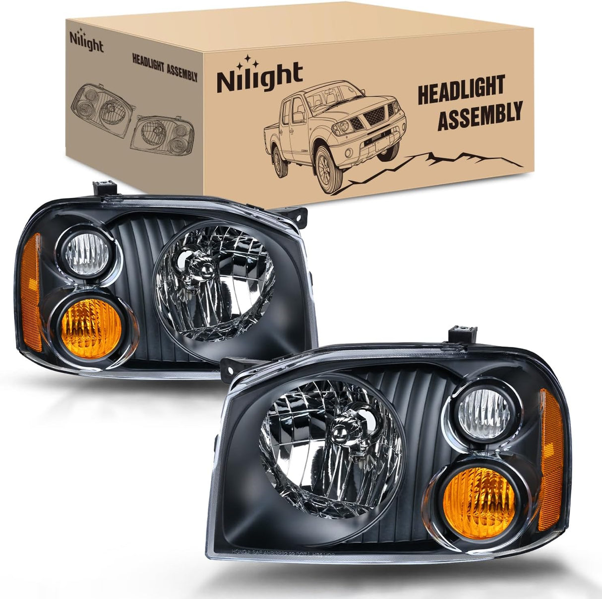 Headlight Assembly Compatible with 2001 2002 2003 2004 Nissan Frontier XE OE Style Replacement Halogen Headlights Black Housing Amber Reflector Headlamp Passenger and Driver