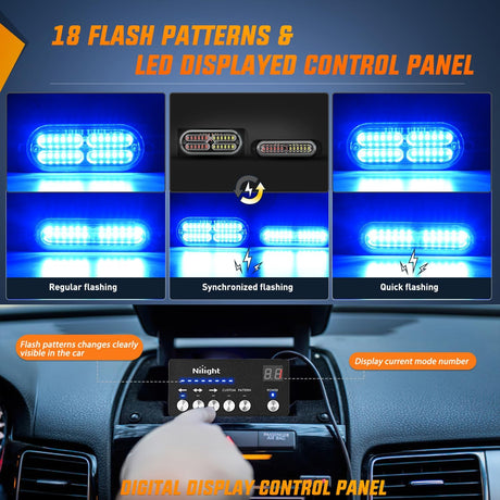 8PCS Led Strobe Lights with Controller 12V 24V Sync Feature Blue Emergency Hazard Warning Light 12 24 LED Surface Mount for Vehicle Car Truck RV ATV