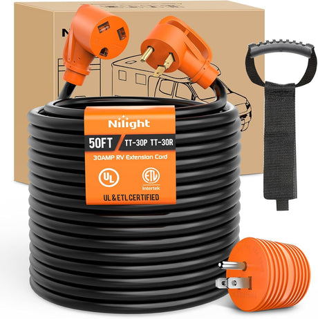 50FT 30 Amp RV Extension Cord with Adapter 15Amp to 30Amp 125V Heavy Duty 10/3 Gauge Pure Copper STW Wire UL ETL Listed 3 Prong TT-30P TT-30R Weatherproof Suit for Generators Campers