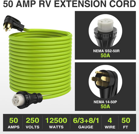50FT 50 Amp RV Locking Extension Cord 250V Heavy Duty 6/3+8/1 Gauge Pure Copper STW Wire UL ETL Listed 4 Prong 14-50P SS2-50R Weatherproof Suit for Camper Caravan Trailer Bright Green