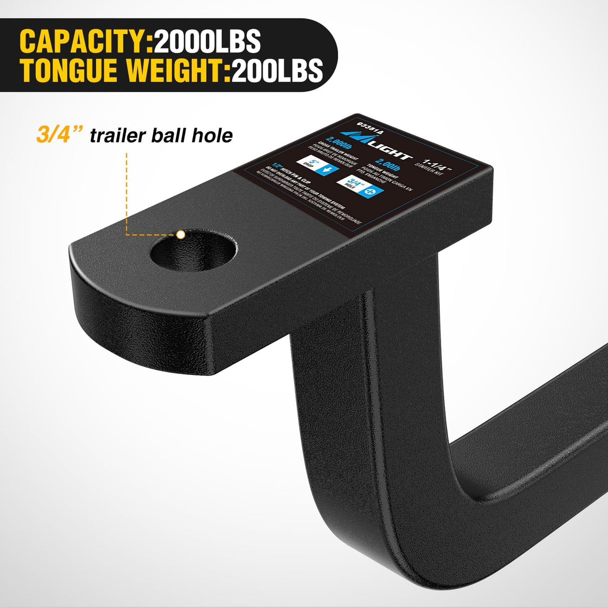 Trailer Hitch Ball Mount Fits 1-1/4 Inch Receiver Square | with 1/2 Inch Hitch Pin Clip 2000 lbs 5 Inch- Rise 3/4 Inch- Hole Gloss Black Powder Coat