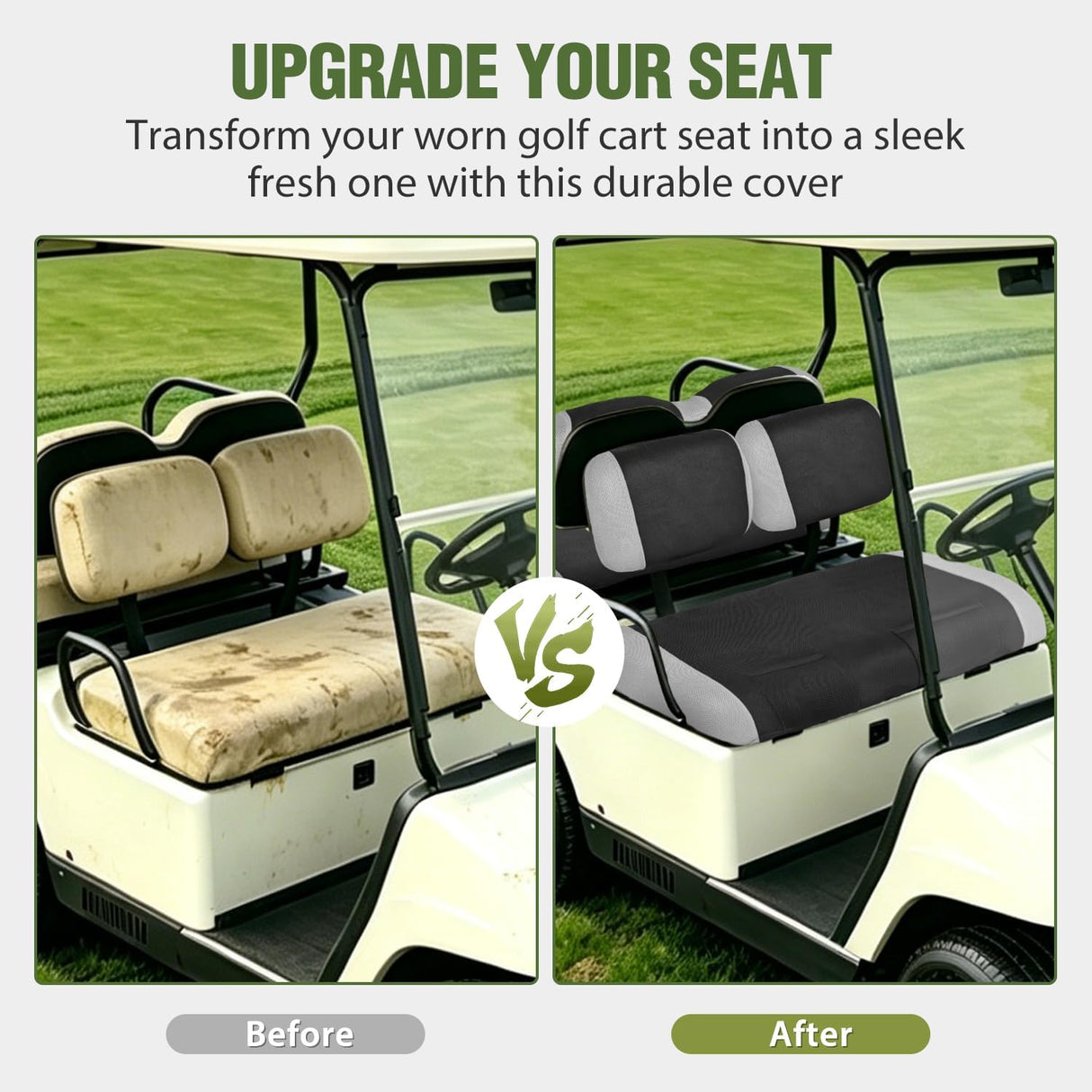 Golf Cart Seat Covers 2PCS Grey Black Club Car DS Yamaha | Breathable Sandwich Mesh Sun Scratch Resistant Washable No Staple Fits 1982-2000 Club Car DS Yamaha G22 G19 G16 G9 G2