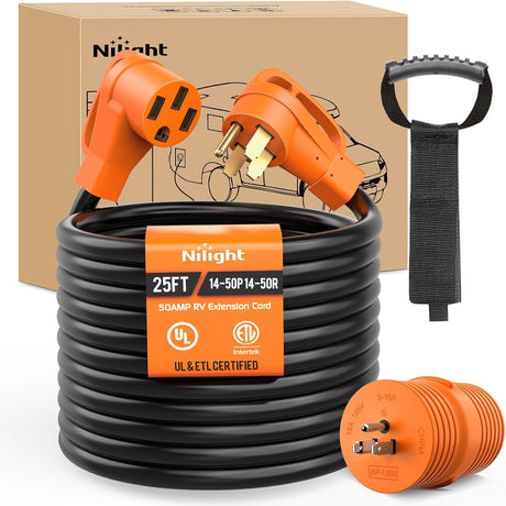 25FT 50 Amp RV Extension Cord with Adapter 15Amp to 50Amp 250V Heavy Duty 6/3+8/1 Gauge Pure Copper STW Wire UL ETL Listed 4 Prong 14-50P 14-50R Weatherproof Suit for Generators Camper