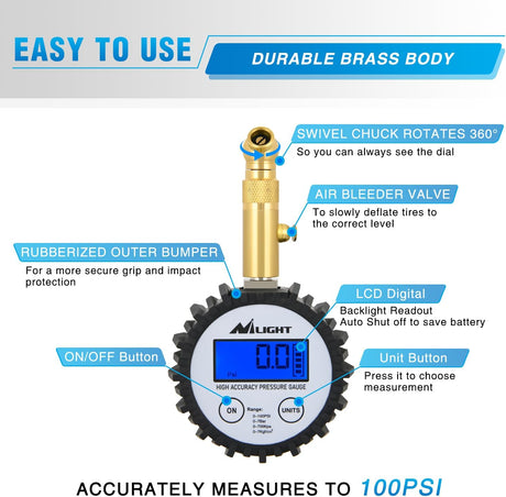 Digital Tire Pressure Gauge 100PSI Heavy Duty Stainless Steel Air Chucks ANSI 2A Certified Large Dial Wheel Service Checker for Truck Semi Truck ATV Motorhome Cars & RV Accessories