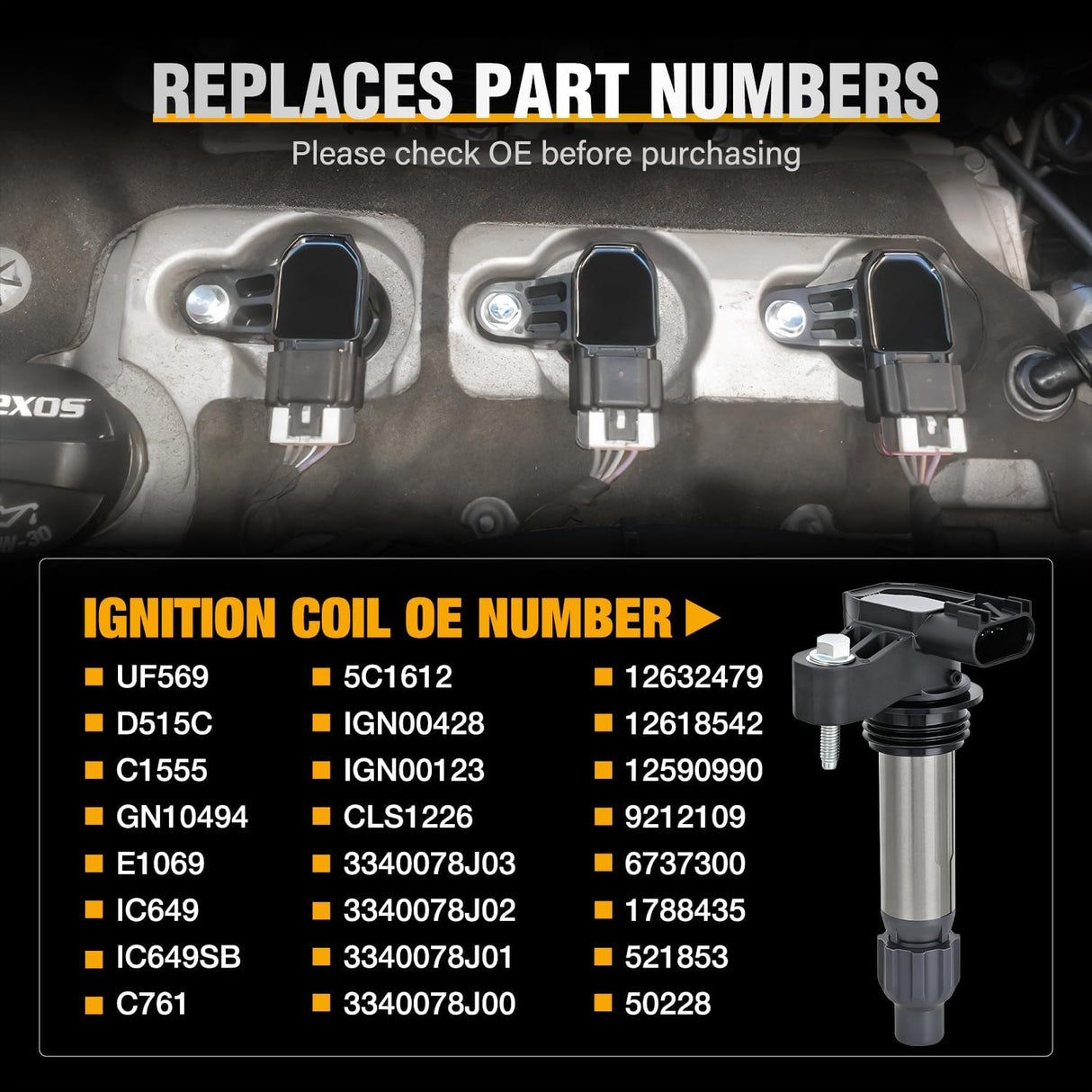 Ignition Coil Pack UF569 Fit for Buick Chevy GMC Pontiac Saab 9-4X Saturn Outlook Allure Enclave Cadillac CTS SRX XTS Impala Acadia Terrain G6 OE# C1555 D515C GN10494 Ignition Coils Set of 6