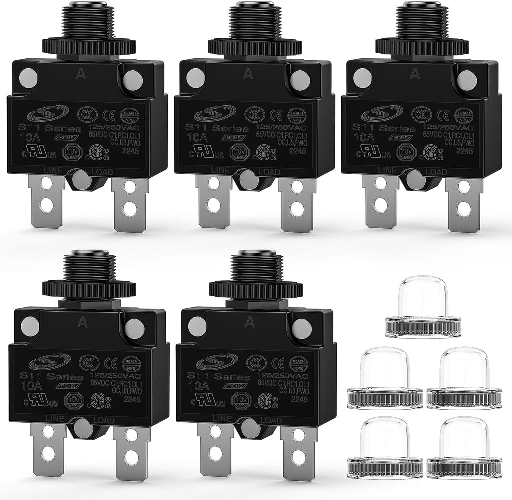 Relay Nilight 5PCS 10Amps Thermal Circuit Breaker 125/250V AC 65V DC Push Button Manual Reset Thermal Overload Protector Waterproof Cap Auto Trip Resettable for Industrial 12-24V Auto Cars, 2 Years Warranty