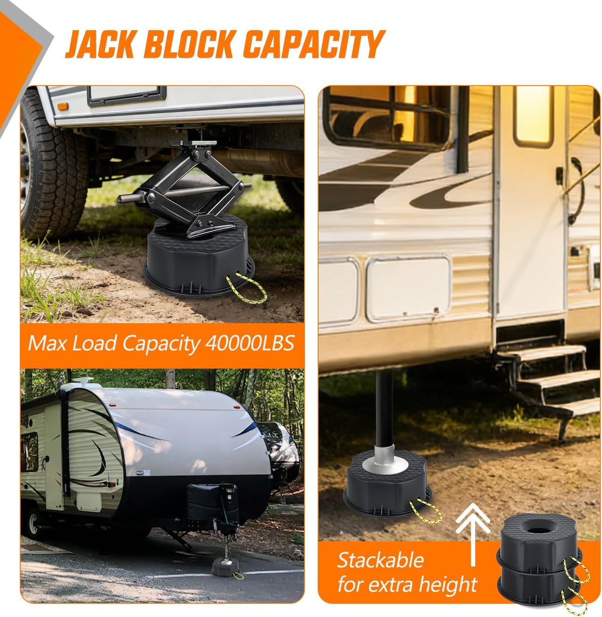 Trailer Jack Block RV Camper Stabilizer Leveling Blocks 10000lb 2PC | Heavy Duty RV Leveling Block for Travel Trailer with Bag, Universal Fit for Tongue Jack Post Foot 5th Wheels, Black