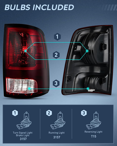 Taillight Assembly Compatible with 2009 2010 2011 2012 2013 2014 2015 2016 2017 2018 Dodge Ram 1500 2500 3500 2019 2020 2021 Classic Rear Lamp OE Style Driver Side and Passenger Side Dark Red