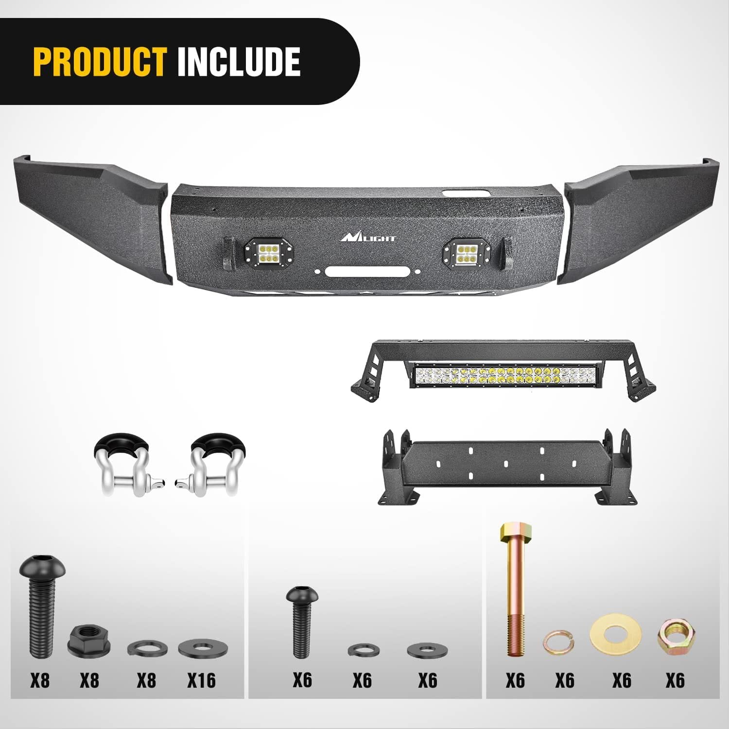 2007-2013 Toyota Tundra Front Bumper Full Width Solid Steel with Winch Plate 120W LED Light Bar 2Pcs 18W Light Pods Nilight