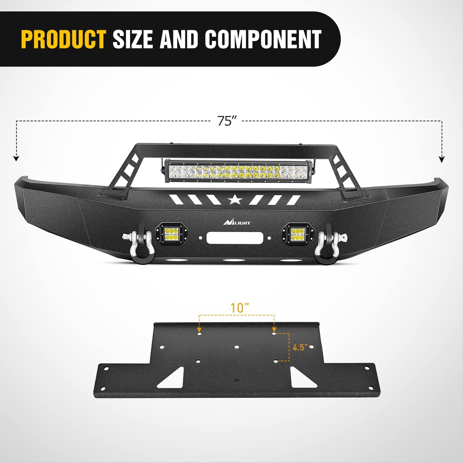 2009-2014 Ford F150 Front Bumper Full Width Solid Steel with Winch Plate Offroad 120W LED Light Bar 2Pcs 18W LED Work Light Pods Nilight
