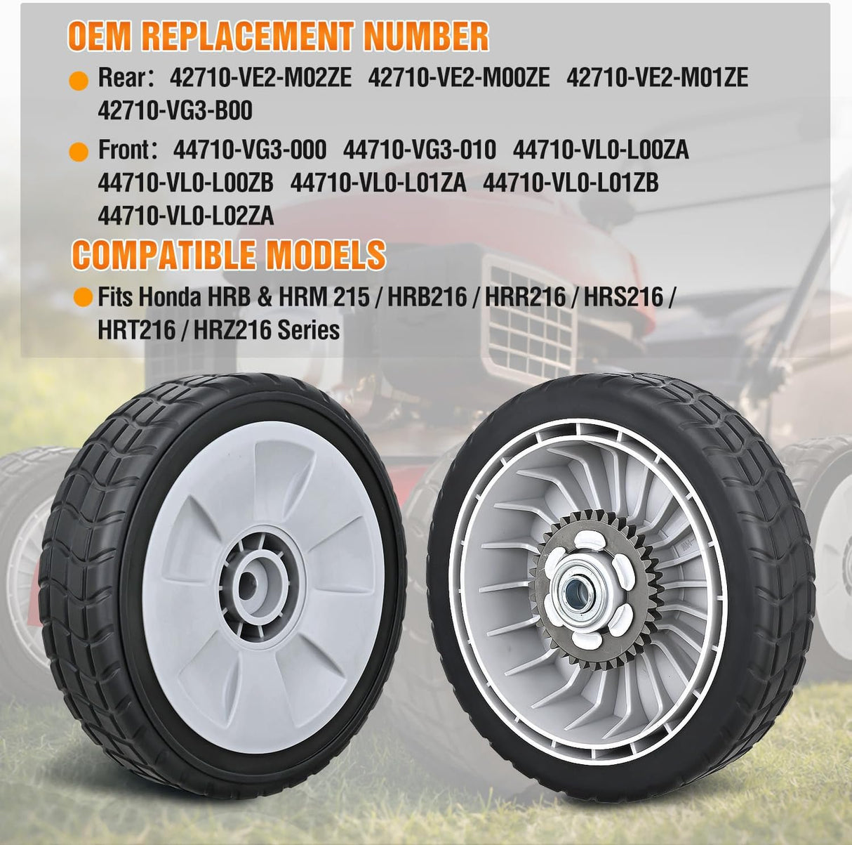 Lawn Mower Wheels Replacement 8 Inch, 2 Rear 42710-VE2-M02ZE and 2 Front 44710-VL0-L02ZA, Honda Lawnmower Wheels fits HRB215 HRB216 HRB217 and More for Self-Propelled Walk-Behind, 4-Pack