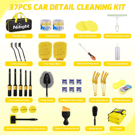 Automotive Tools 37PCS Car Detailing Kit Auto Cleaning Tools Wash Set with Storage Carry Bag Home Use for Interior Exterior Deep Clean Car Care Windshield Dashboard Seat Air Vents Wheels Tires, Yellow