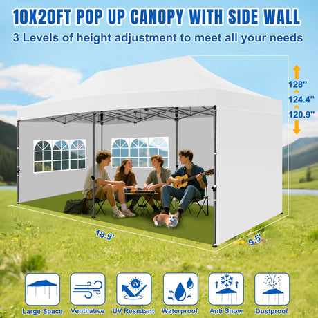 10x20 Pop Up Canopy Tent with Sidewalls Instant Outdoor Canopy, Waterproof & UV Protection, Easy Setup Adjustable Height Heavy Duty Shelter Gazebo Tent for Patio Backyard Party Events, White