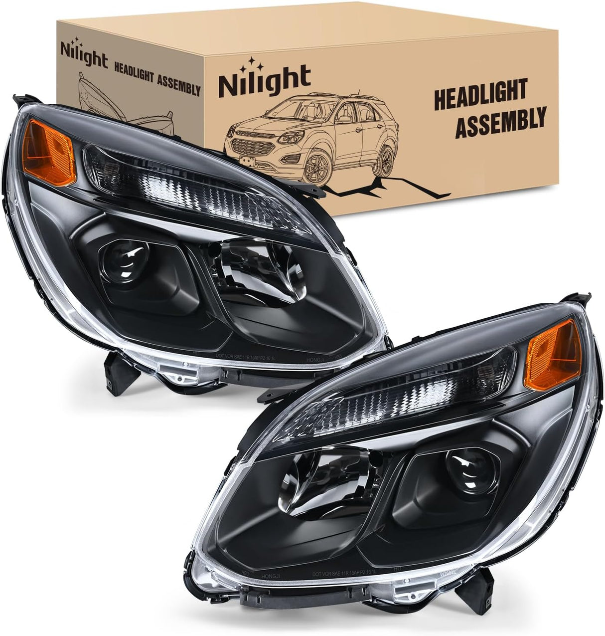 Headlight Assembly Compatible with 2016 2017 Chevy Equinox OE Style Projector Replacement Halogen Headlights Black Housing Amber Reflector Headlamp Passenger and Driver Side