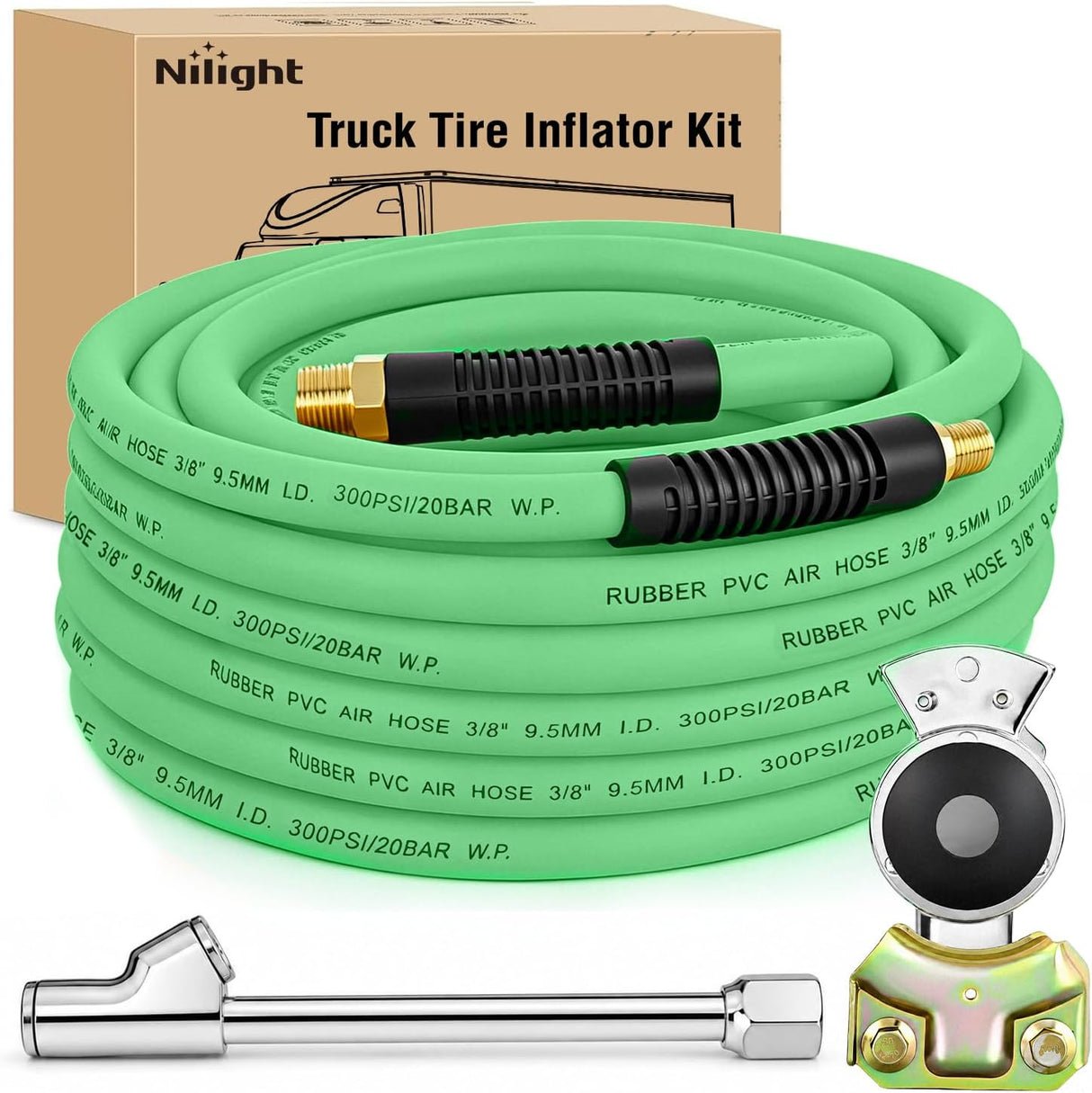 Heavy Duty Truck Tire Inflator Kit 3/8 in x 50 FT 300 PSI | Hybrid Air Hose with Universal Glad Hand and Air Chuck Lightweight Kink Resistant Semi Trailer Tractor Tire Inflation Hose