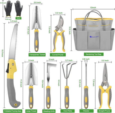 Gardening Tools 10-Piece Heavy Duty Garden Tool Set Gardening Supplies Gifts for Women Men Gardening Hand Tool Kit w Non-Slip Ergonomic Handle, Garden Bag, Durable Gloves, Pruning Shears, Gray