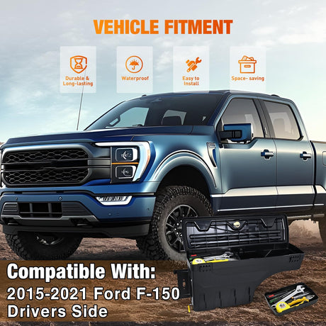 Truck Bed Tool Box Left Drivers Side Truck Tool Box Fit for Ford F-150 2015-2021 ABS Swing Case Truck Bed Storage Box with Lockable Lid Waterproof Wheel Well Toolbox Black