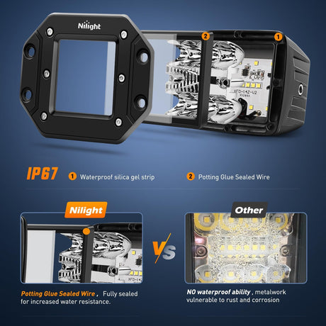 4PCS 42W Flush Mount LED Pods Spot Flood Combo Beam Driving Backup Reverse Grill Mount Light with 16AWG LED POD Lights Wiring Harness Kit -4 Leads