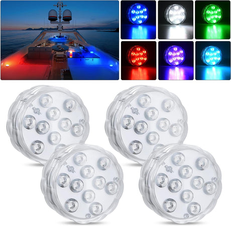 Marine Boat Light 4 PCS 10LED RGB Wireless Cabin Ambiance Multi Color Exterior Deck Lights Remote Control Submersible for Pontoon Sailboat Yacht Skeeter Fishing Bass Boats