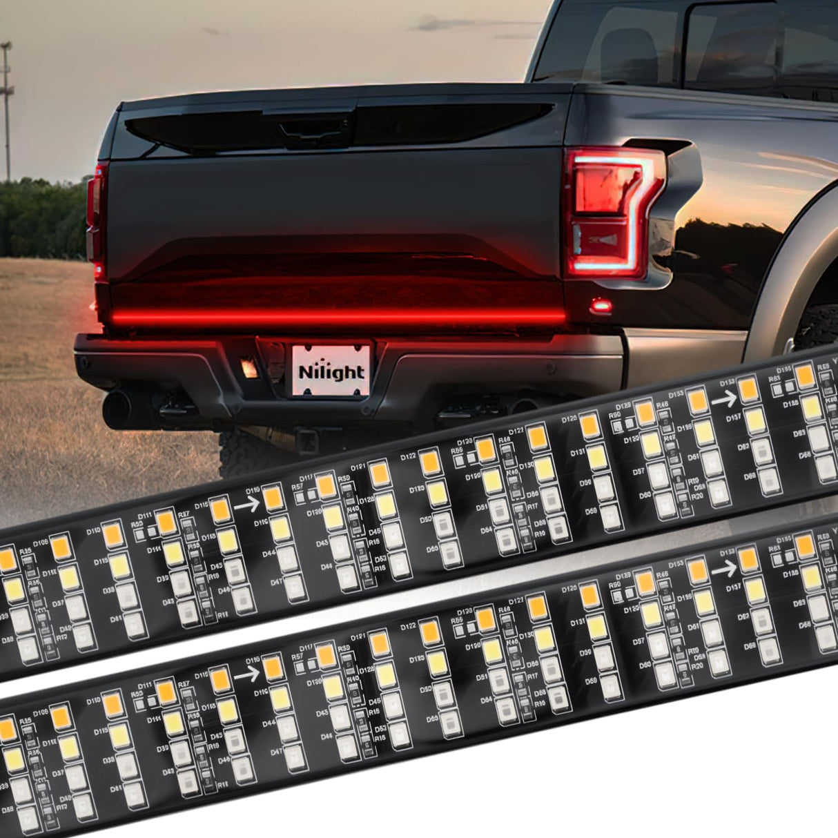 Truck Tailgate Light Strip 60 Inch Quad Row 648 LED Strip with Red Running Brake Lights White Reverse Lamp Amber Turn Signals