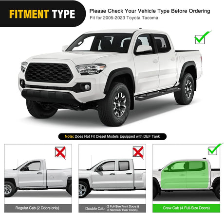 Running Boards for 2005-2023 Toyota Tacoma Double Cab 4 Full Size Doors 6 Inch Side Step Nerf Bars Black