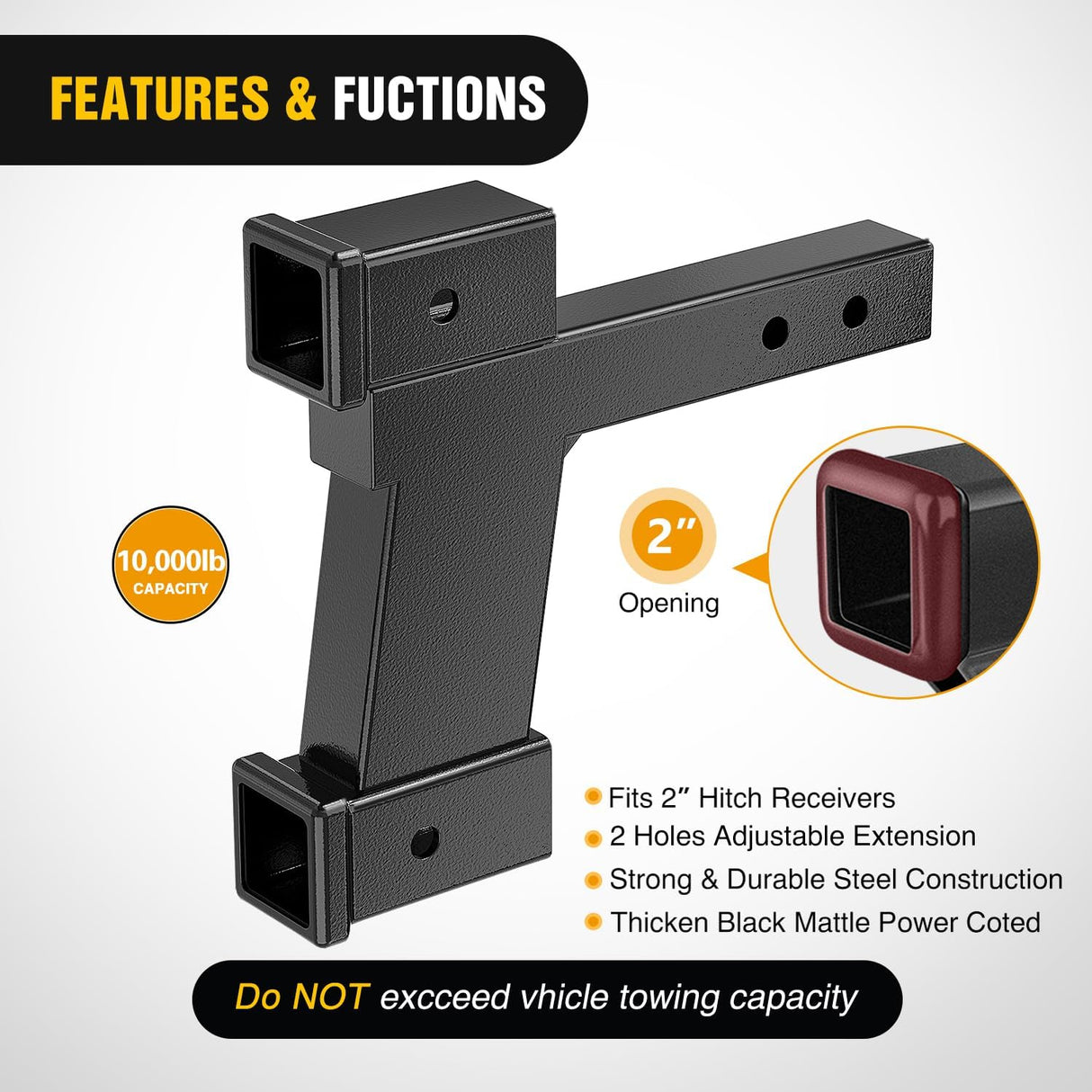 Trailer Hitch Extension Riser for 2 Inch Receiver with 2 and 8Inch Rise or Drop with Bolt Nut Clip 10,000 lbs Capacity Adjustable Extend 8 Inch 10 Inch Length Black Coated for Class I-VI Receivers
