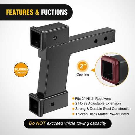 Trailer Hitch Extension Riser for 2 Inch Receiver with 2 and 8Inch Rise or Drop with Bolt Nut Clip 10,000 lbs Capacity Adjustable Extend 8 Inch 10 Inch Length Black Coated for Class I-VI Receivers