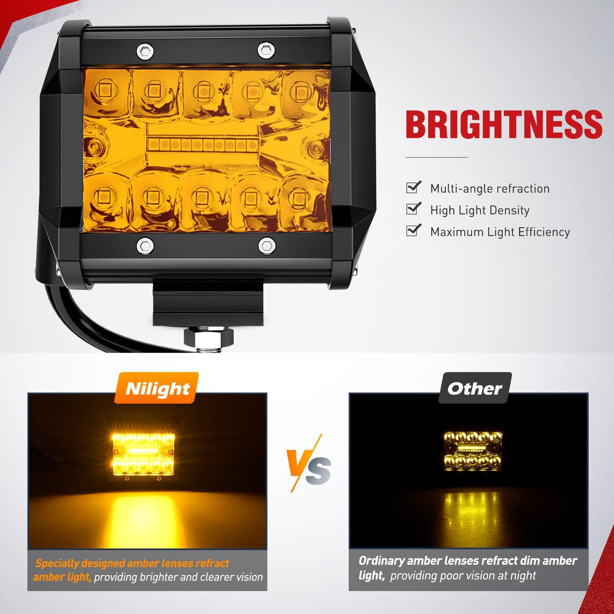 4 Inch Amber LED Light Pods 2PCS Triple Row 60W Flood Spot Combo Offroad Driving Fog Lighting for 12V 24V Pickup Truck ATV UTV SUV