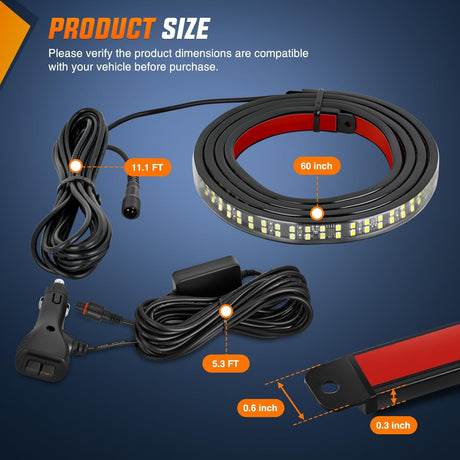 60 Inch Truck Tailgate Strobe Light Strip Tail Emergency Bar Rear Window Warning Lamp Ultra-Bright Double Row 360 LED for Pickup Trailers Construction Vehicles Car SUV, White