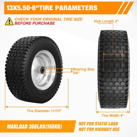 13x5.00-6 Solid Lawn Mower Tires, 13 Inch Flat-Free Polyurethane Tire with 3/4 Inch Axle Bore & 3 Inch Hub Length, Airless Replacement Wheels for Riding Lawn Mowers, 2 Pack