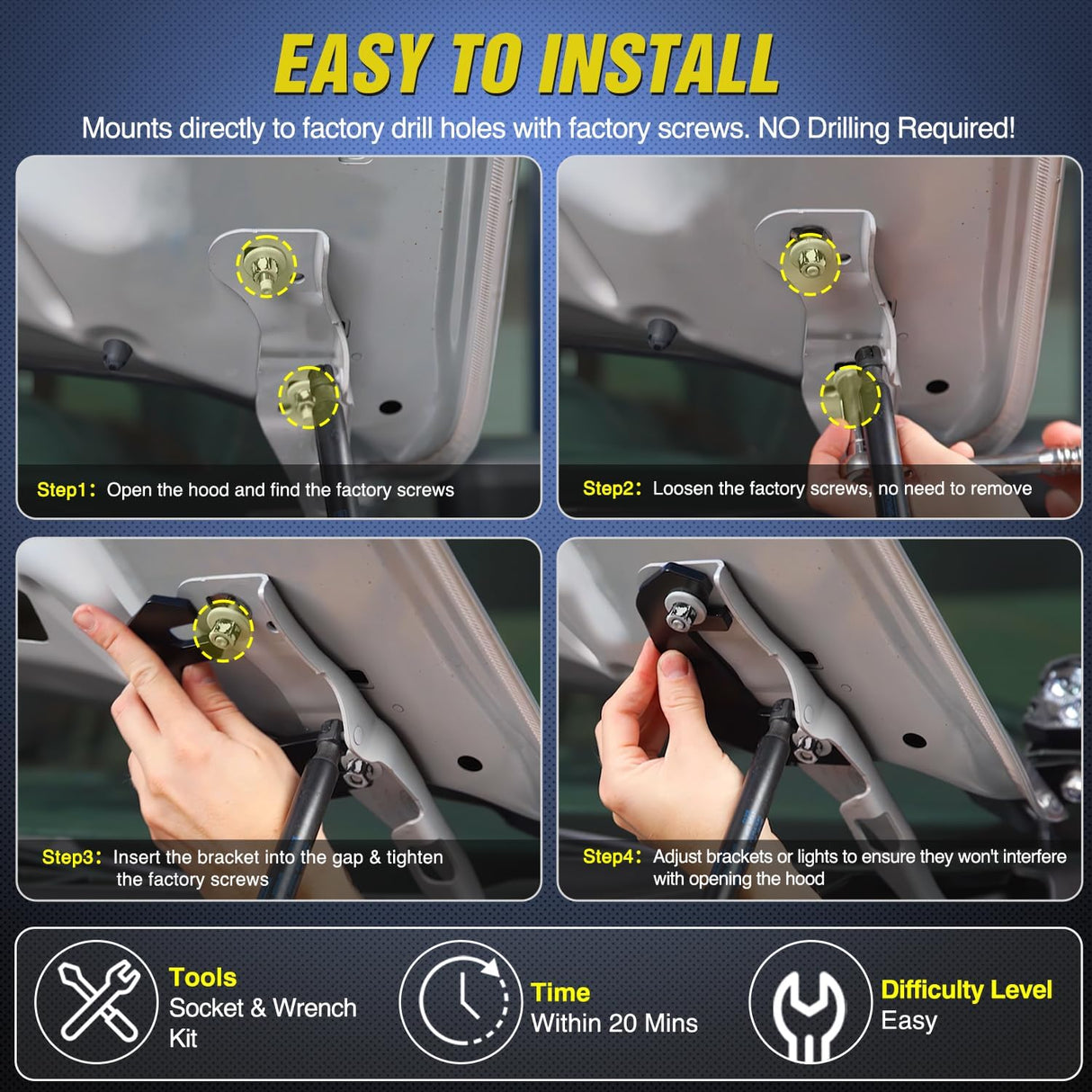 Ditch Light Brackets Hood Hinges Mount Bracket Kit for Auxiliary Offroad LED Pods Work Lighting on Ford F-250 F-350 F-450 F-550 Super Duty 2017 2018 2019 2020 2021 2022