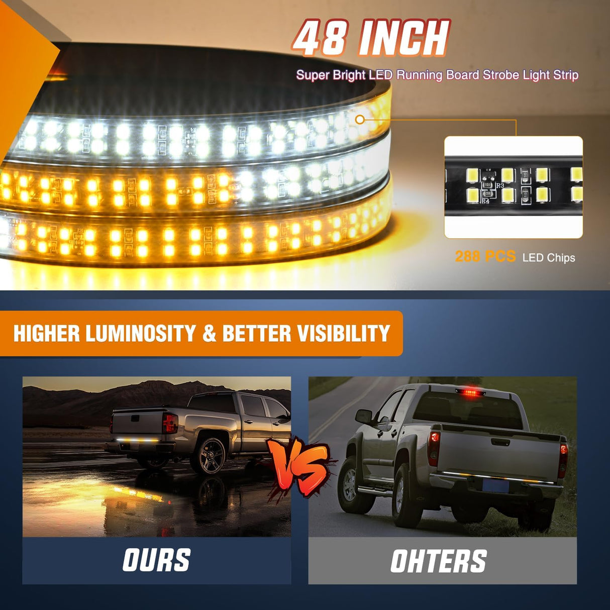 48 Inch Truck Tailgate Strobe Light Strip Tail Emergency Bar Rear Window Warning Lamp Ultra-Bright Double Row 288 LED for Pickup Trailers Construction Vehicles Car SUV, Amber White